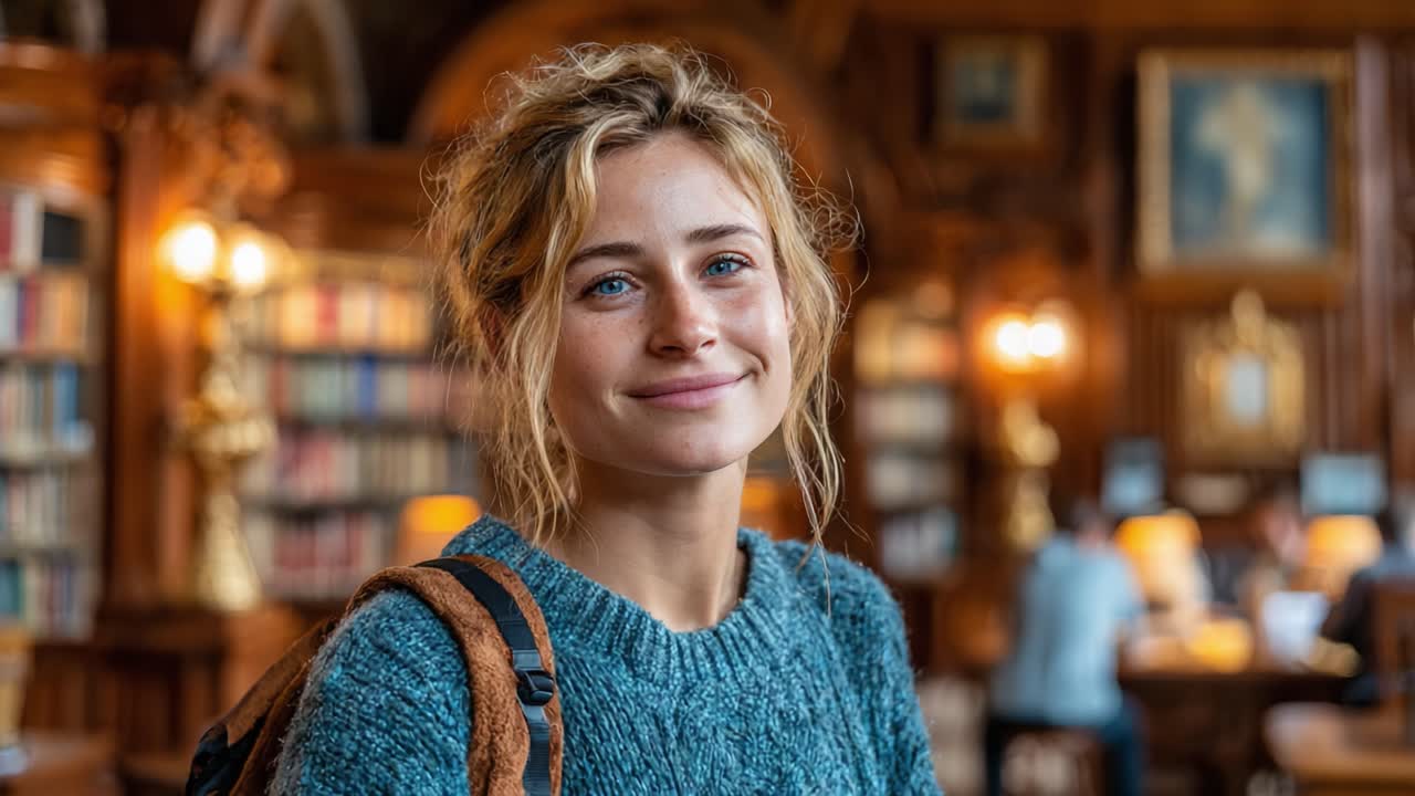 Una giovane donna sorridente in un'accogliente biblioteca, ripresa in due fotogrammi da un video, che mette in risalto connessione e calore in un ambiente di studio