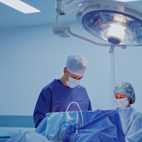 group of medical workers during surgery. surgeon and assistant in blue medical uniform perform an operation in the modern hospital.
