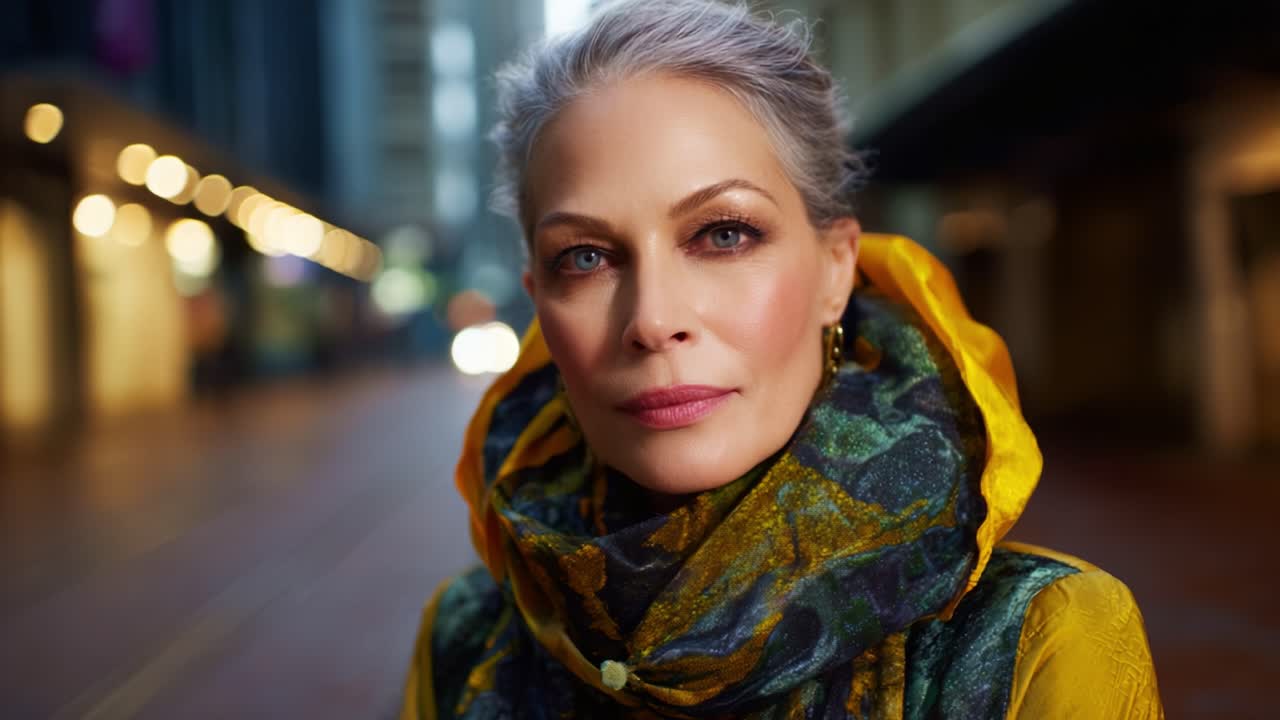 Una donna sicura di sé si erge elegantemente in un ambiente urbano, radiosa sotto le luci della città, mettendo in mostra il suo senso della moda con accessori sorprendenti e uno sguardo incantevole