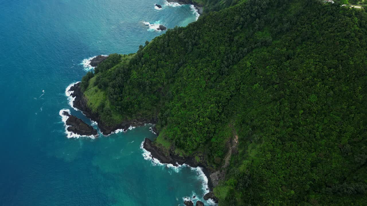 Ripresa aerea inclinata verso l’alto delle colline boscose di Dingalan che si ergono verso la costa frastagliata e il Mar delle Filippine ad Aurora, nelle Filippine