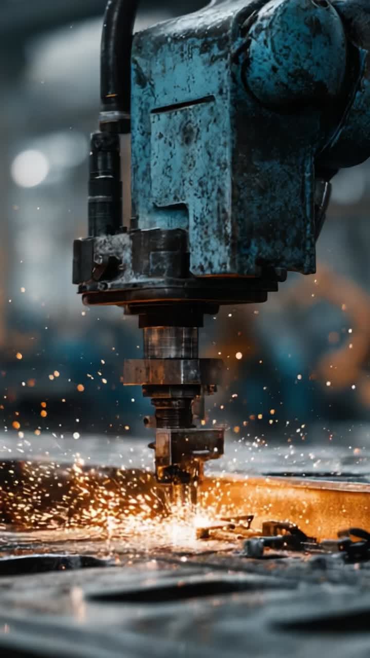 Endüstriyel Makineler: Bir üretim tesisinde kıvılcımları ve metal işçiliğini sergileyen, yüksek hassasiyetli CNC frezeleme işleminin aksiyon halindeki görüntüsü