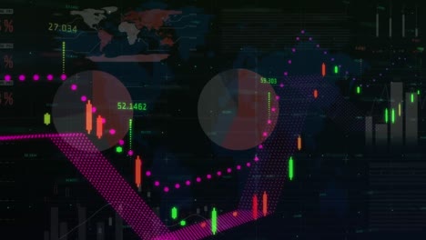 Animation-of-financial-data-and-graphs-over-black-background