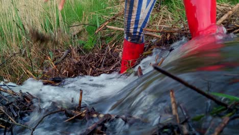 Closeup-of-hands-removing-sticks-and-debris-from-beaver-dam,-static