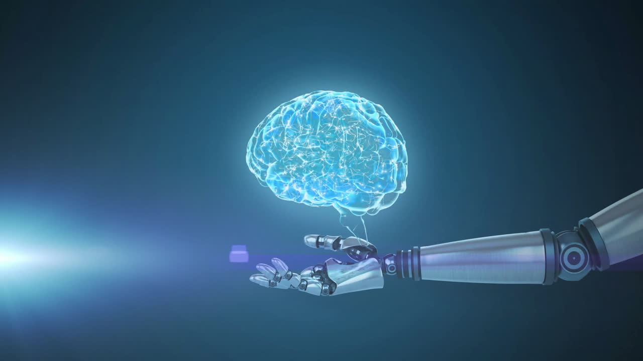 Holding brain hologram, robot hand showing artificial intelligence animation