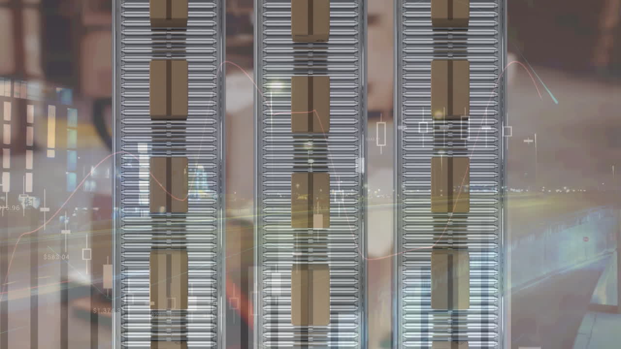 컨베이어 벨트에 있는 여러 배달 상자의 하늘 시야에 대한 통계 데이터 처리