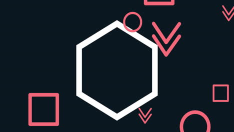 animation of multiple white hexagons spinning on seamless loop with pink shapes on black background