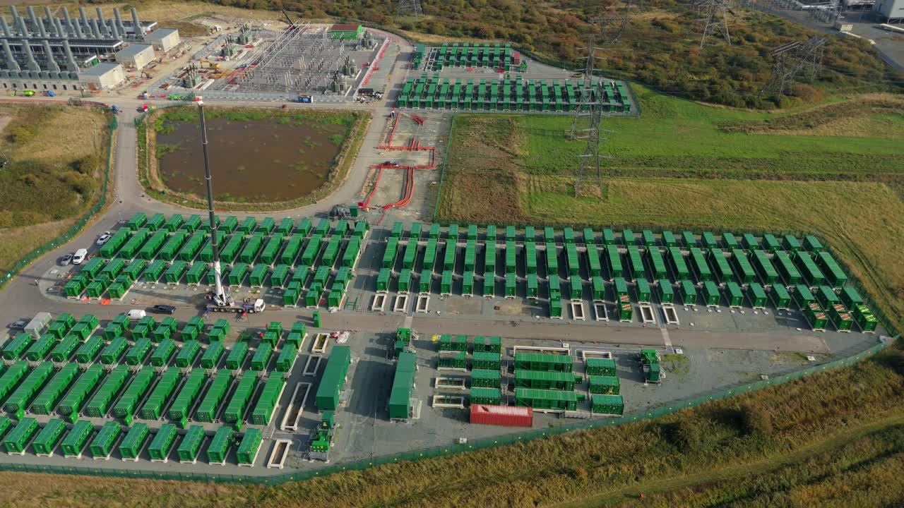 Drone View of Large Scale Battery Storage Systems Supporting Electrical Energy Networks and Renewable Power Plants in Tilbury United Kingdom
