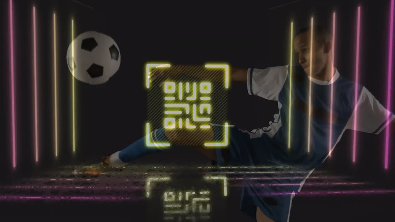 Animazione di codice QR e linee al neon su calciatore maschio birazziale che calcia il pallone