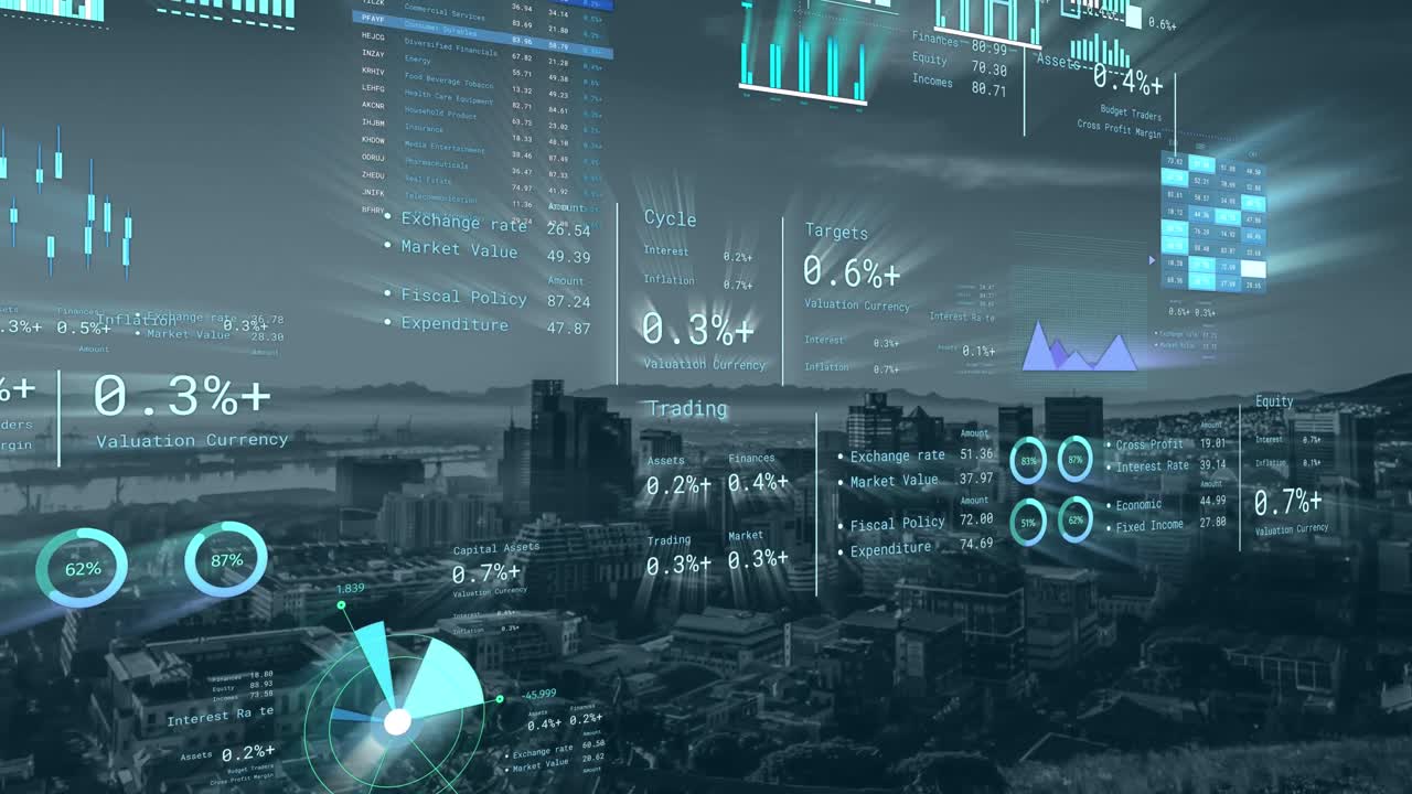 Animation of financial data processing over cityscape