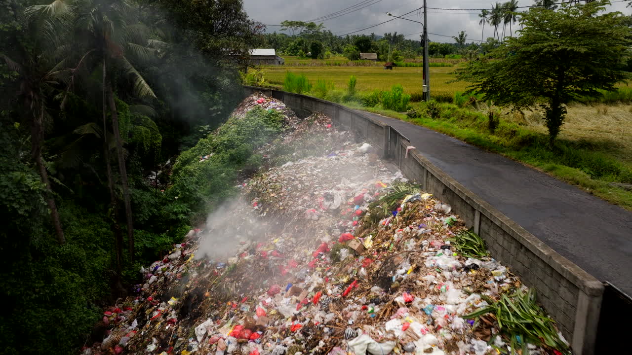 eliminación de residuos junto a la carretera de campo en bali, pila de basura humeante