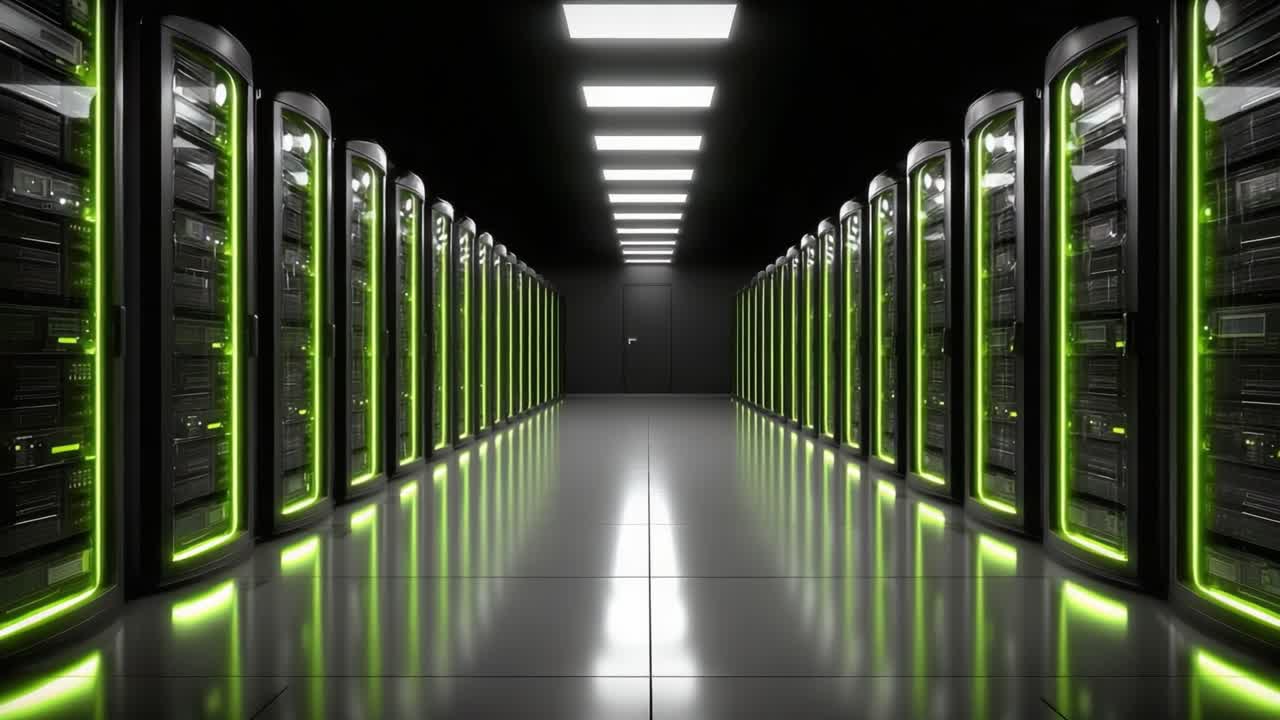 Illuminated Data Center Corridor Featuring High-Tech Server Racks with Green LED Accents, Showcasing Advanced Technology Infrastructure and Modern Design