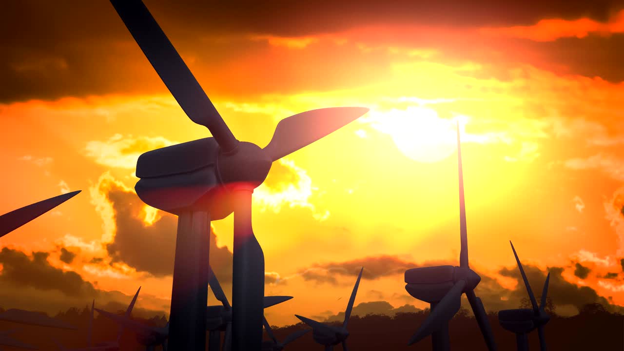 animación en bucle de siluetas de turbinas eólicas al atardecer.