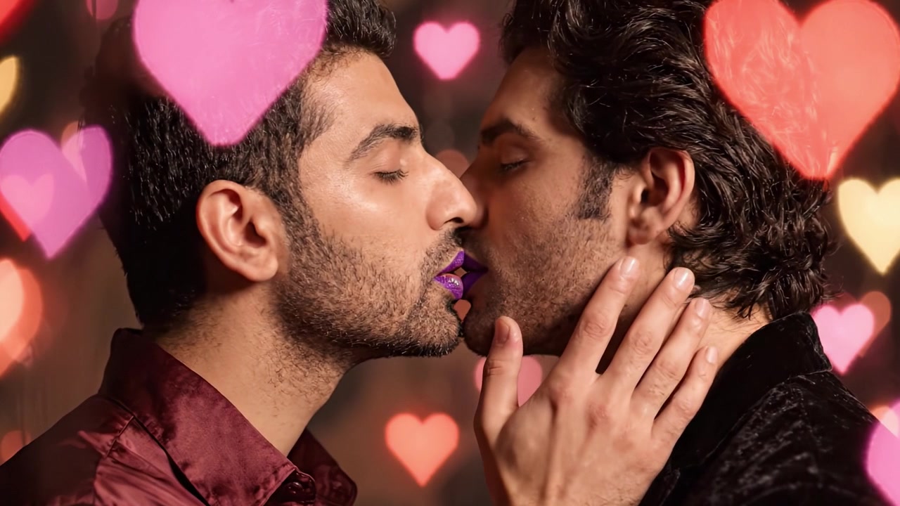 Un incontro romantico immortalato: due individui che condividono un momento di affetto con rossetto colorato evidenziato da decorazioni a forma di cuore