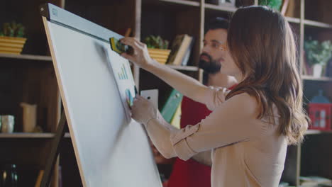 businesswoman cleaning whiteboard in office