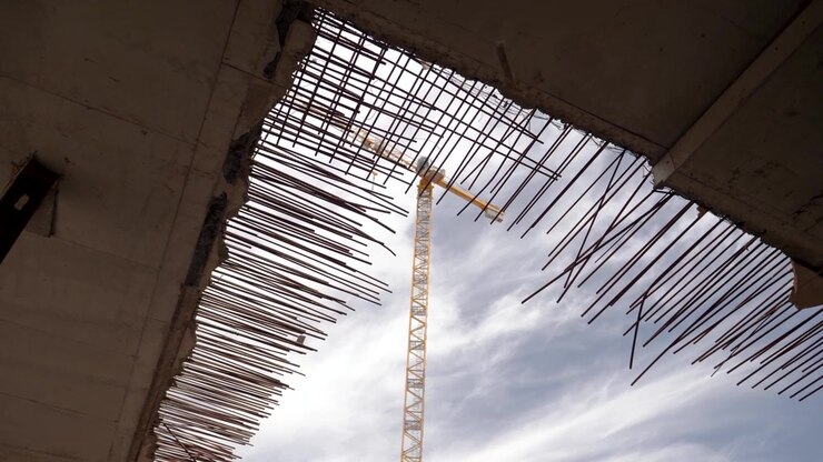 Steel Rebar Protruding From Concrete Structure With Tower Crane