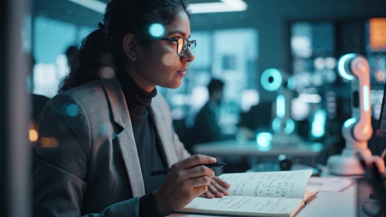 Focused individual in a stylish blazer writes in a notebook, immersed in creativity and thought amid a modern, dimly-lit workspace filled with technology.