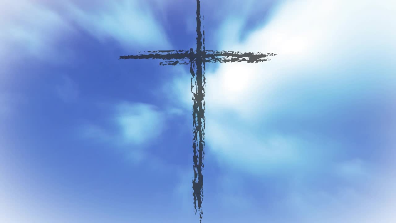 Textured black cross flickering after halo brightening, clouds drifting and calming composition