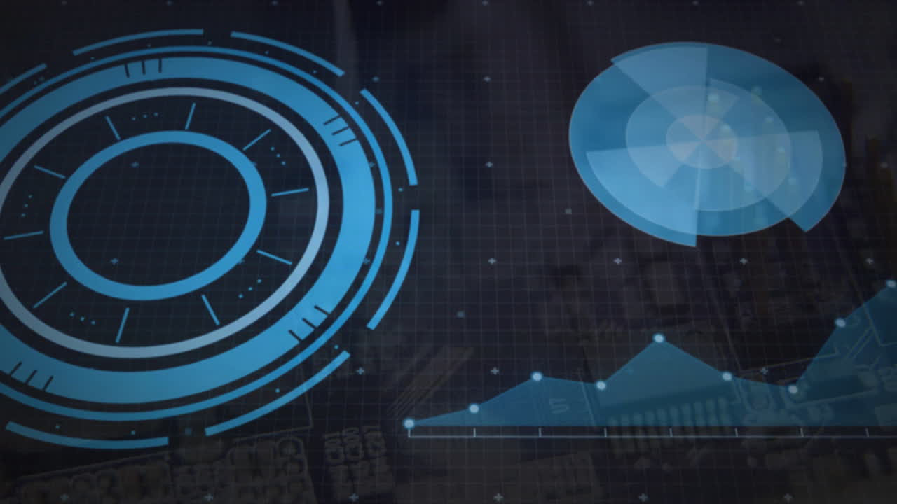 Animation of futuristic digital interface with circular graphics and data charts