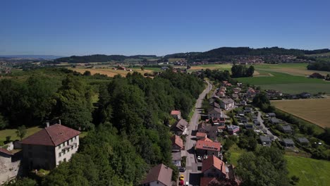 Historical medieval streets of Rue town Switzerland Europe aerial drone view