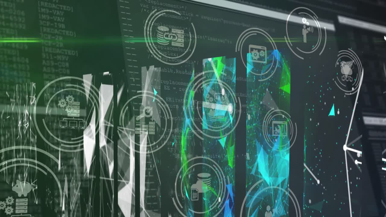 클라우드, 데이터 전송 및 비즈니스 네트워킹 아이콘의 애니메이션, 빛나는 화면에서 데이터 처리