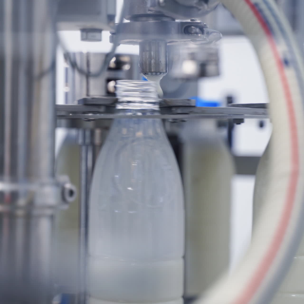 Conveyor line for pouring dairy products into plastic bottles at milk factory. Plastic bottles go around conveyor belt and filling with milk. Slow motion.