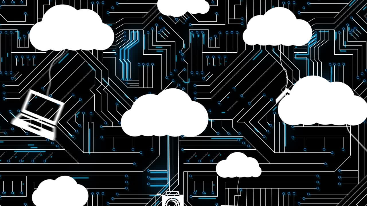 Animation of media icons and network of connections on black background