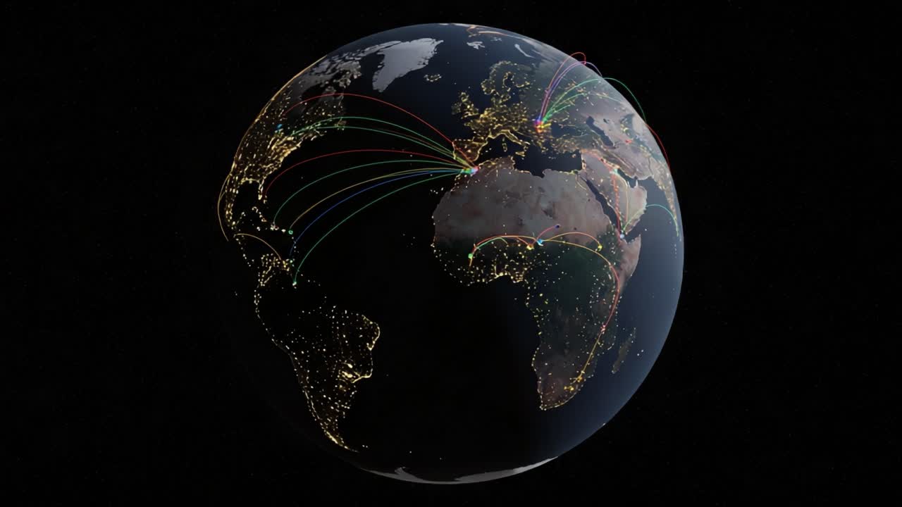 Visualizing Global Connectivity: A 3D Representation of Geographic Data Demonstrating International Links and Communication Flow Between Continents