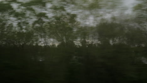 Vista-Desde-La-Ventana-Del-Tren-A-Caballo-Del-Paisaje-Rural-árboles-Bosques-Casas-Contra-El-Cielo-Nublado