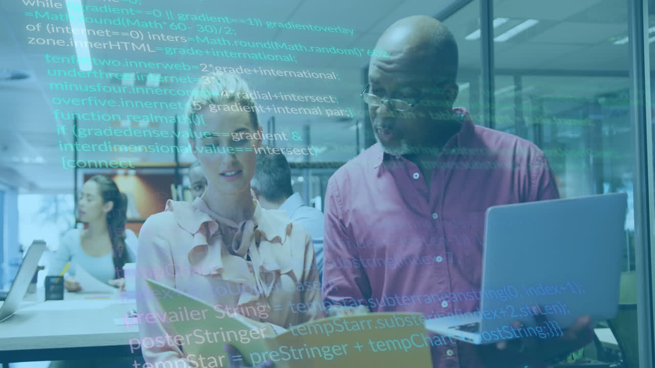 Animation of financial data processing over diverse business people