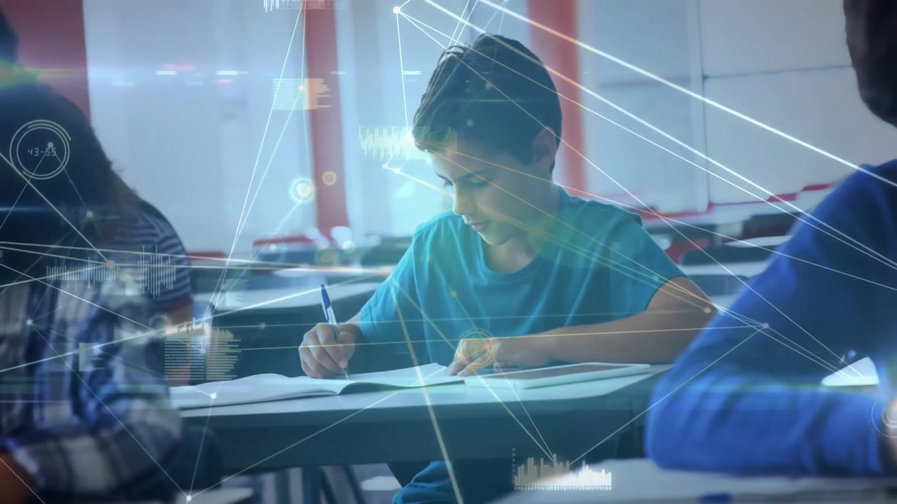Students writing assignments activating data network overlay linking classroom desk work streams