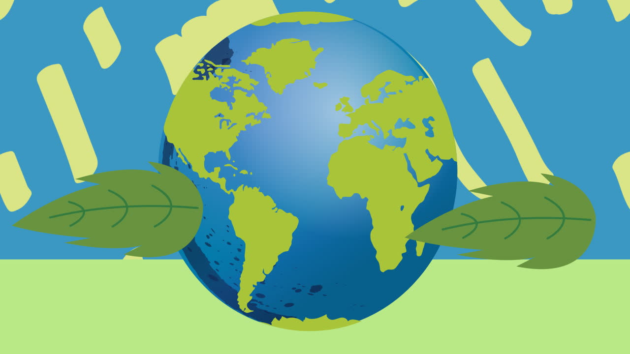 анимация листьев, глобуса и зеленого рисунка на синем фоне