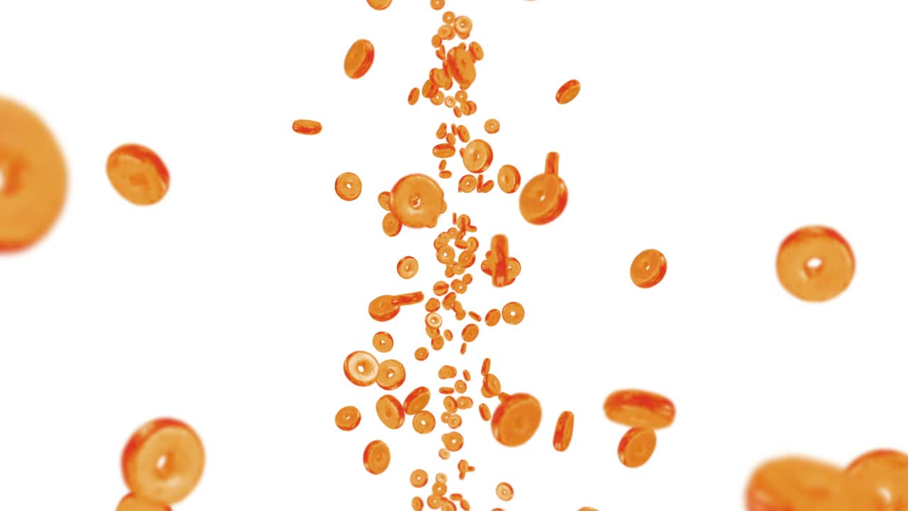 색 배경에 많은 평평한 도을 날아. 도 케이크, 과자, 디저트. 도 회전의 3d 애니메이션. 루프 애니메이션.