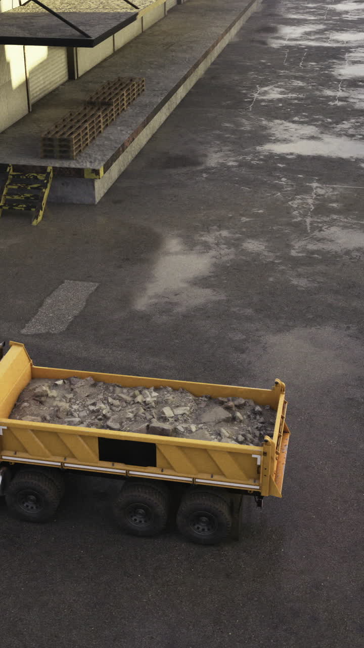 Un camion ribaltabile giallo sta guidando su una superficie bagnata in un ambiente industriale