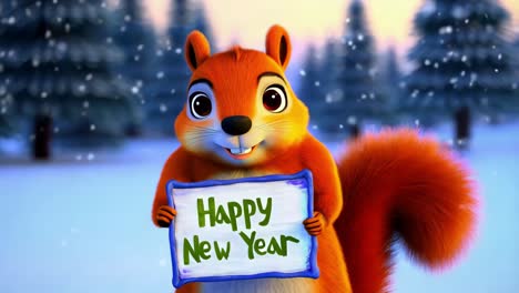 cute squirrel wishing happy new year in winter scene