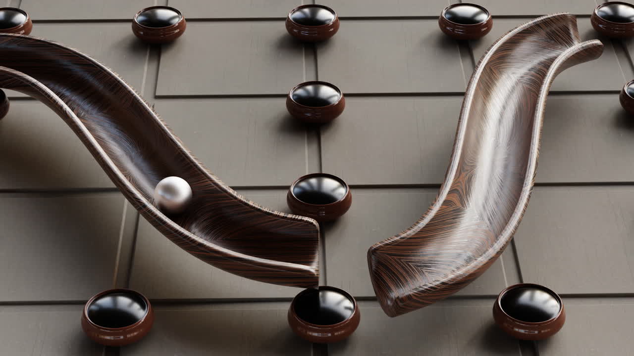 Silver ball seamless loop moving on background, shapes of wood spining