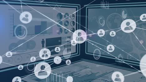 Animation-of-network-of-connections-over-data-processing-on-black-background