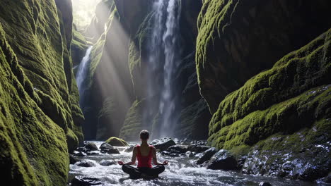meditating by a waterfall in a lush mossy canyon