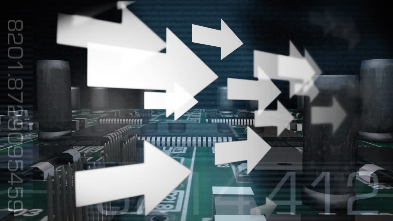 animación del reloj con manecillas girando sobre el circuito de la computadora y el icono del reloj de arena sobre fondo negro