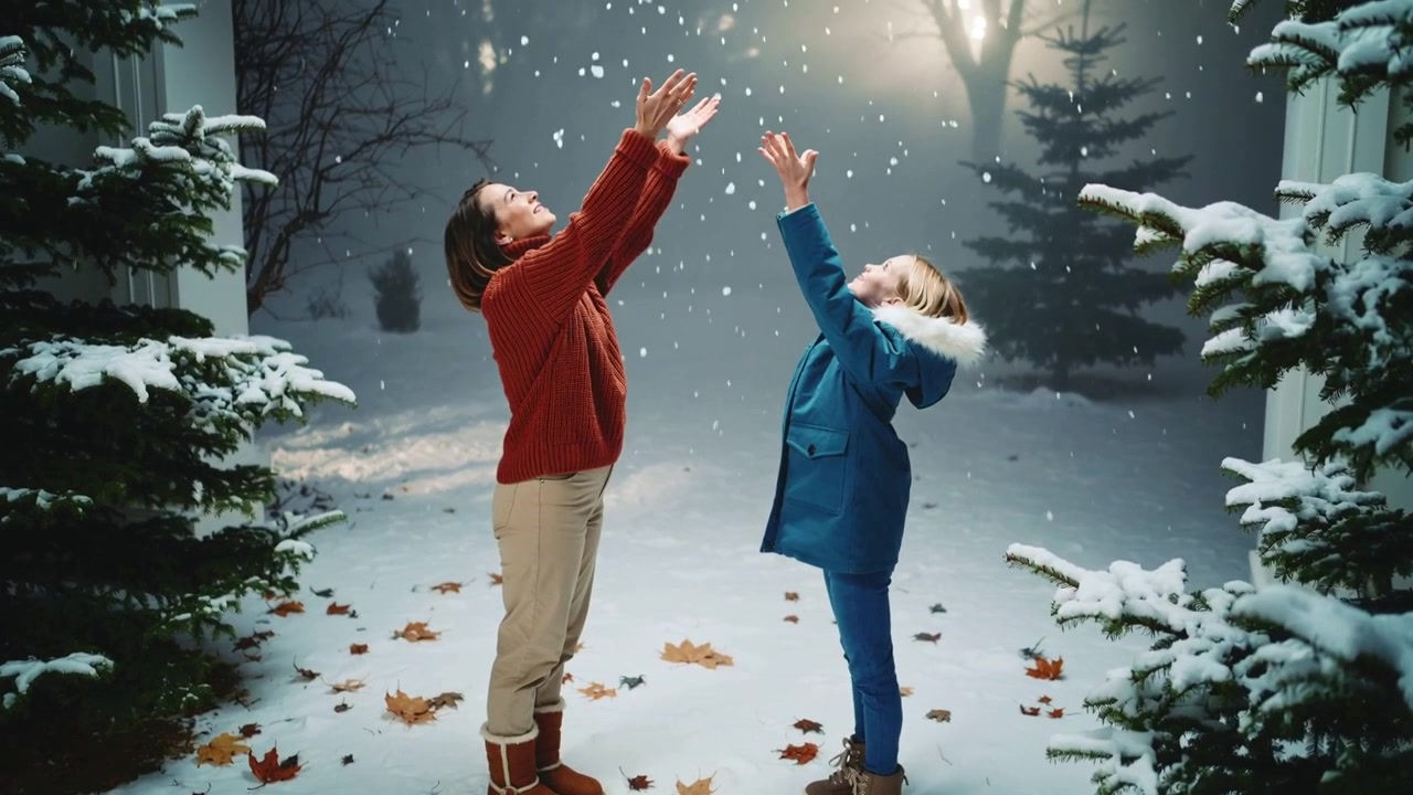 Mãe e filha de mãos dadas levantando os braços enquanto a primeira neve cai em uma clareira, com suéter vermelho e casaco azul.