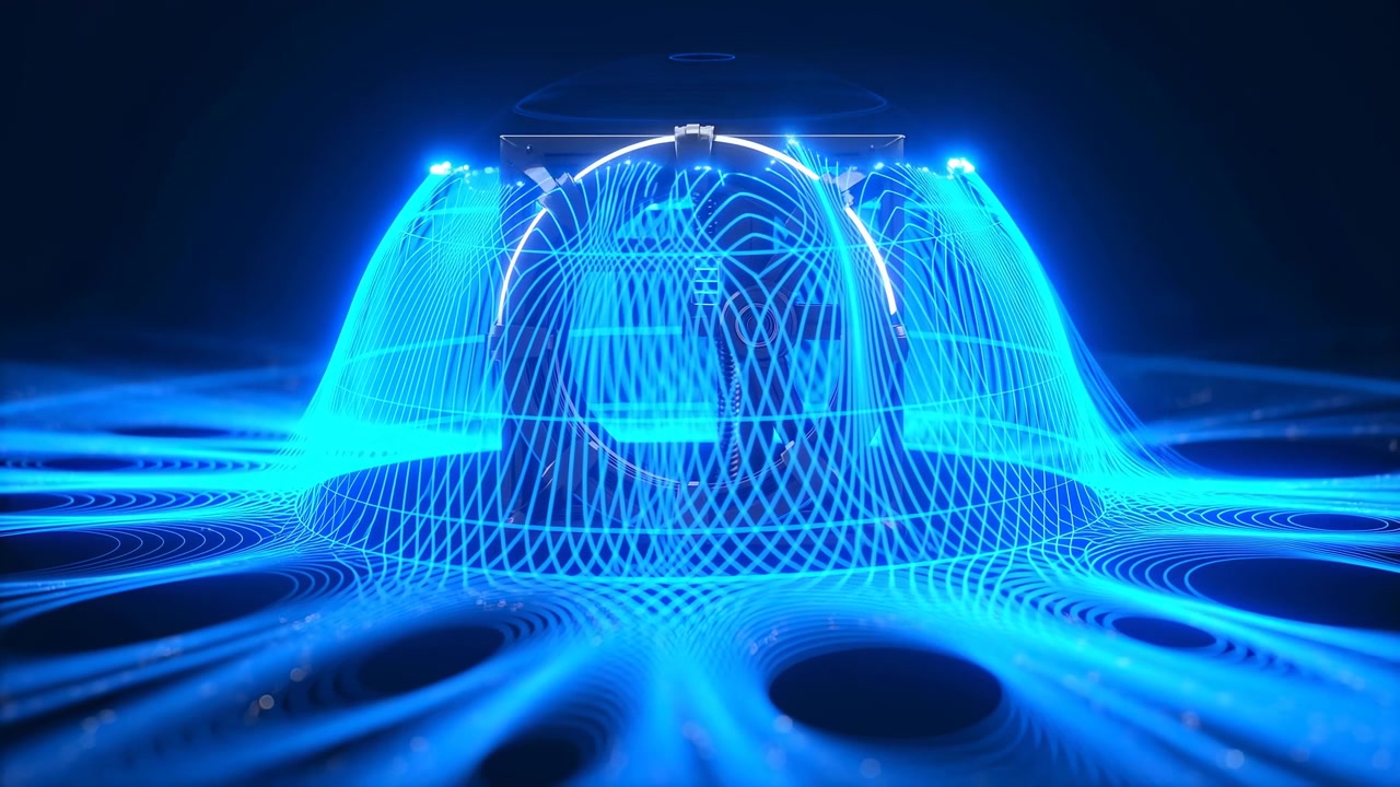 Centered circular energy module stays fixed while cyan illumination changes from soft waves into tall lattice strands and full dome above reflective metal platform in dark studio scene