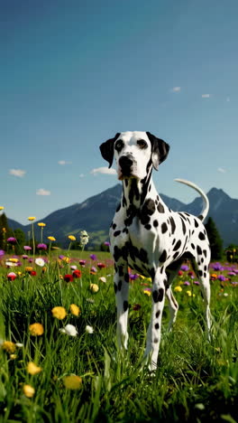 a dalmatian dog in a vibrant wildflower field with mountains and trees