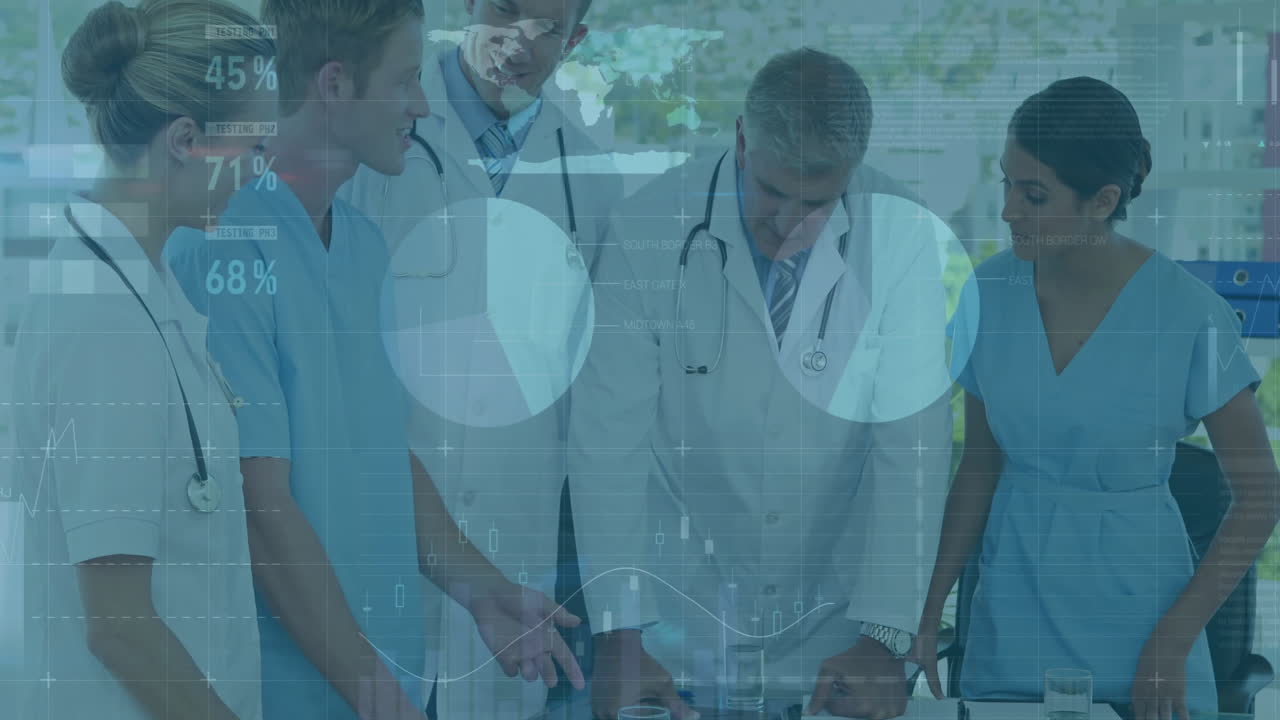 의료 데이터를 분석하고, 의사들이 환자 정보를 애니메이션 차트로 논의합니다.