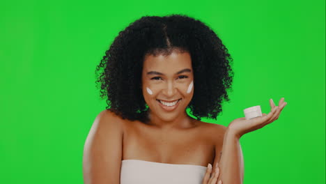 skincare, green screen and face of woman