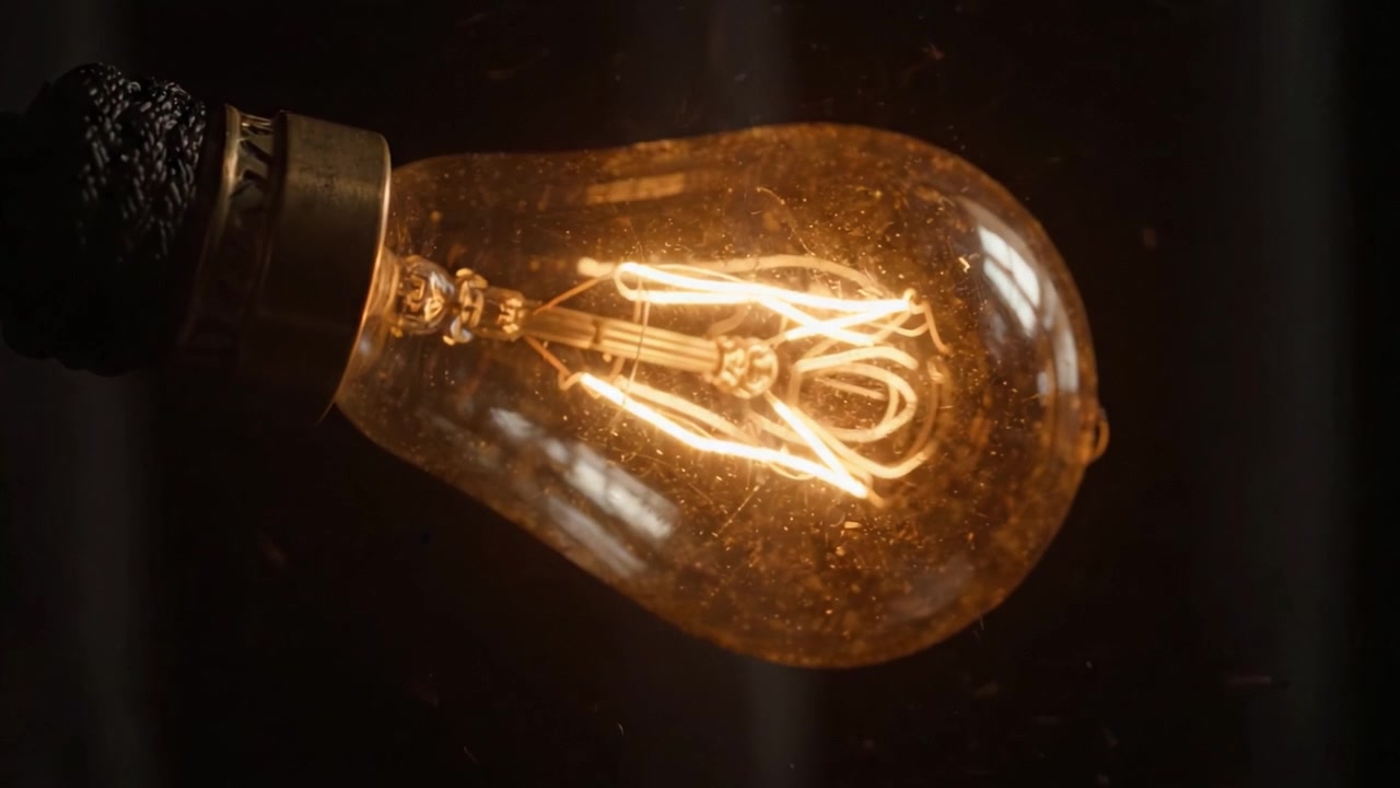 Fotogrammi illuminanti: primi piani accattivanti di una lampadina vintage che brilla intensamente su uno sfondo scuro, mostrando l'intricato design del filamento e il vetro testurizzato.