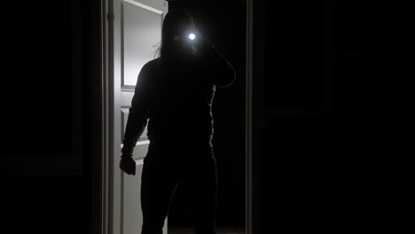 silhouette of a robber entering dark room with flashlight