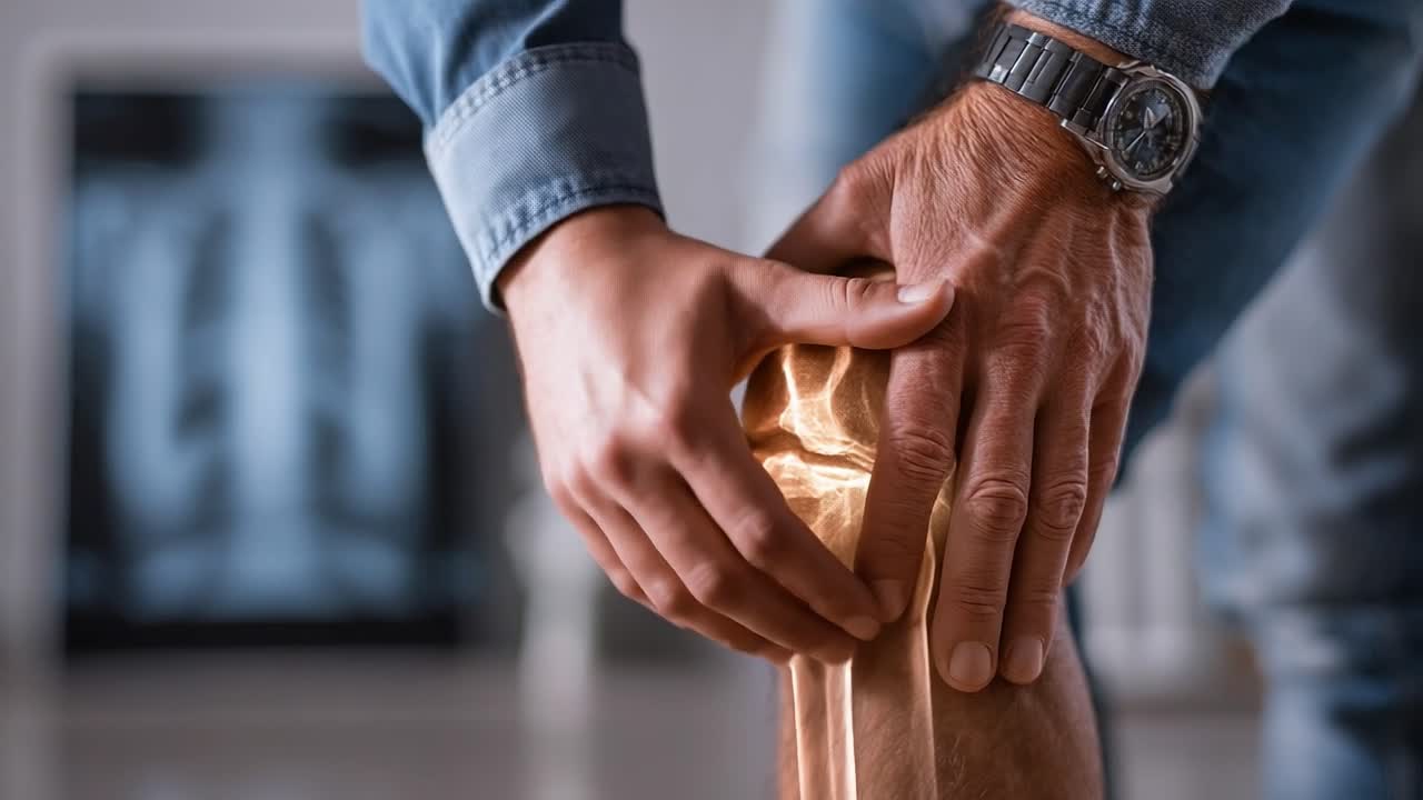 Detailed Examination of Knee Joint Pain Relief: A Close-Up Look at Patient's Hand on the Knee, Highlighting the Connection Between Joint Care and Medical Imaging