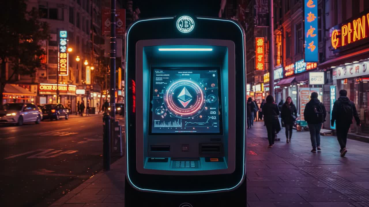 A Stunning Cryptocurrency ATM Displaying Ethereum Metrics Amidst the Vibrant City Atmosphere and Neon Lights of a Bustling Urban Street