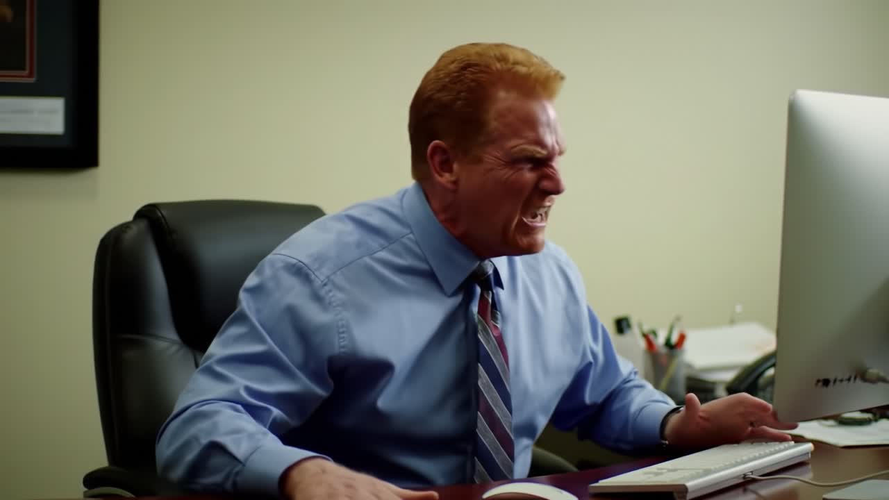 An office worker experiences significant frustration as he struggles with computer problems at his desk during a hectic day. His overwhelmed reaction showcases workplace stress and challenges.