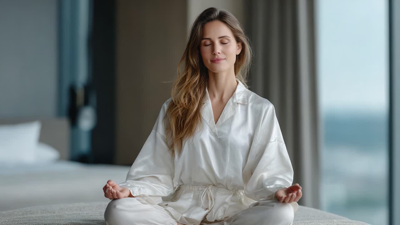 A Moment of Tranquility: A Woman in a White Robe Meditates Peacefully in a Serene Setting, Embracing Inner Calm and Mindfulness Amidst a Luxurious Environment