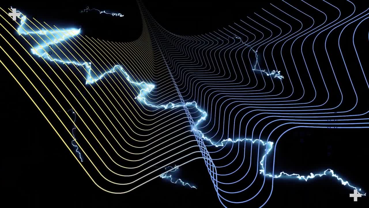 Animation of interface processing data, with glowing electric current over parallel curves, on black